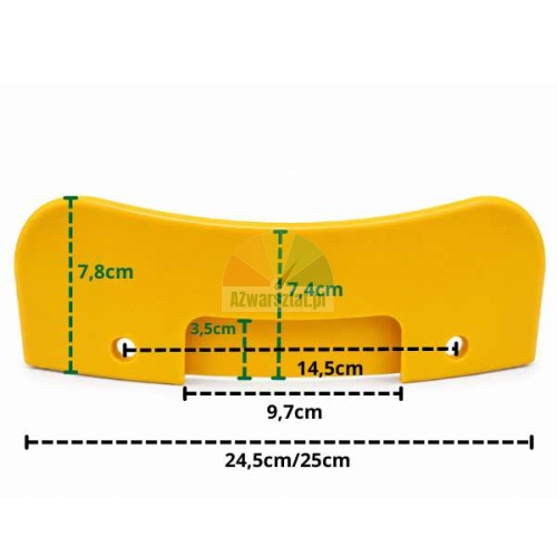 Żółta plastikowa osłona łyżki zbijaka o szerokości 24,5 cm z naniesionymi wymiarami