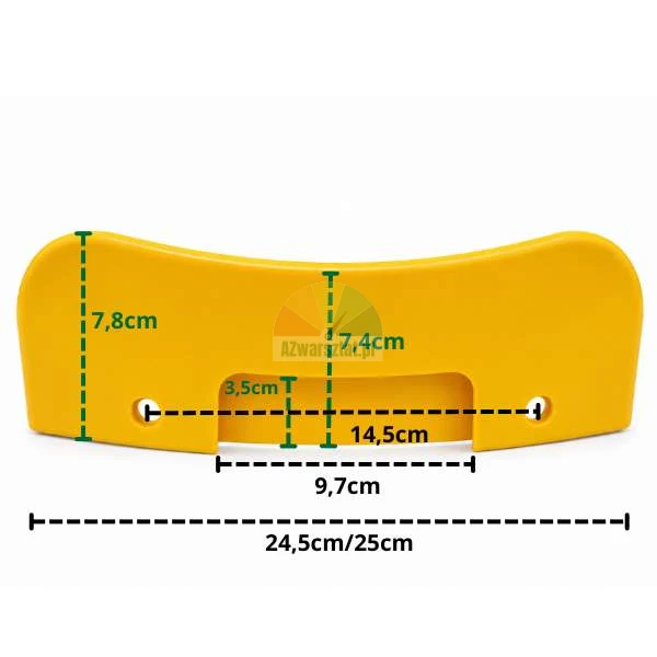 Żółta plastikowa osłona łyżki zbijaka o szerokości 24,5 cm z naniesionymi wymiarami