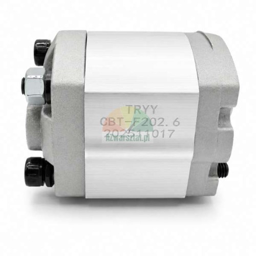 Hydrauliczna pompa zębata TRYY CBT-F202.6, widok z boku z widocznym grawerunkiem modelu na aluminiowym korpusie.