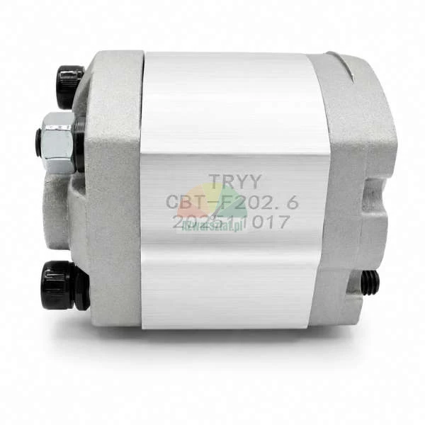 Hydrauliczna pompa zębata TRYY CBT-F202.6, widok z boku z widocznym grawerunkiem modelu na aluminiowym korpusie.