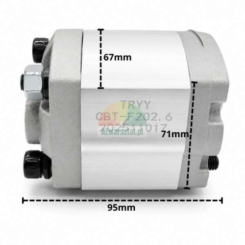 Pompa zębata CBT-F202.6 z zaznaczonymi wymiarami: 67mm, 71mm i 95mm.