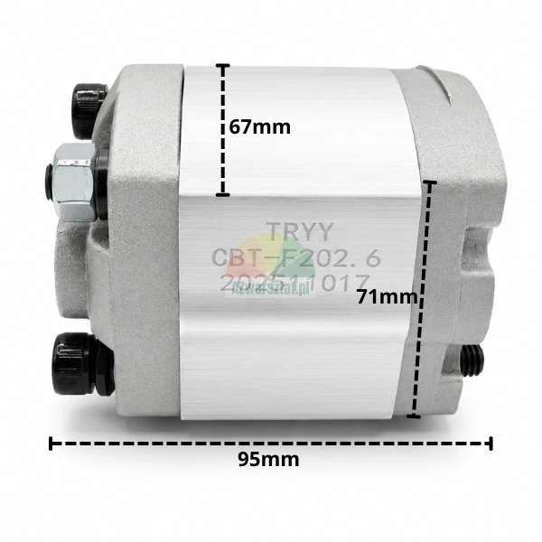 Pompa zębata CBT-F202.6 z zaznaczonymi wymiarami: 67mm, 71mm i 95mm.