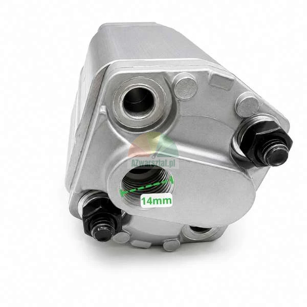 Zbliżenie na srebrną pompę hydrauliczną z zielonym wskaźnikiem pomiaru wskazującym średnicę gwintu 14 mm.
