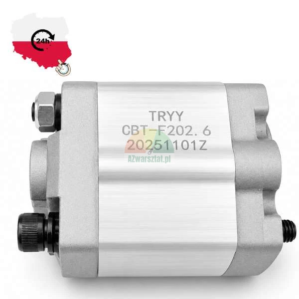 Aluminiowa pompa hydrauliczna z oznaczeniem TRYY CBT-F202.6 na białym tle. W lewym górnym rogu znajduje się grafika z konturem Polski i symbolem wysyłki w 24 godziny.