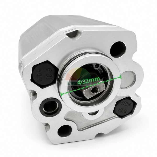 Srebrna pompa hydrauliczna, widok z przodu na kołnierz montażowy o średnicy 32 mm oznaczonej zieloną przerywaną linią.