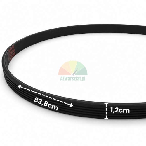 Czarny pasek wieloklinowy do wyważarki o długości 83,8 cm i szerokości 1,2 cm z naniesionymi wymiarami.