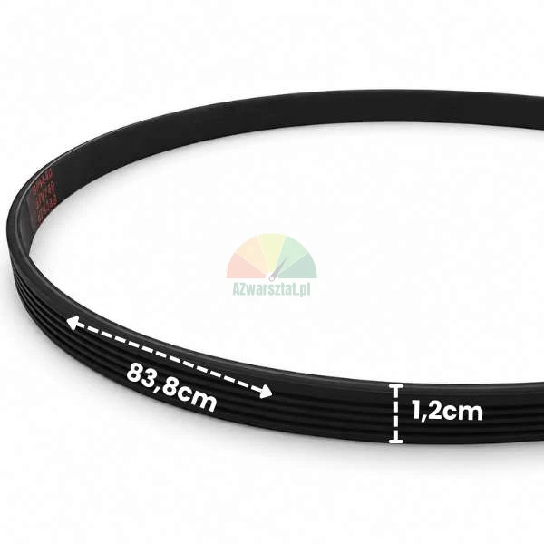 Czarny pasek wieloklinowy do wyważarki o długości 83,8 cm i szerokości 1,2 cm z naniesionymi wymiarami.
