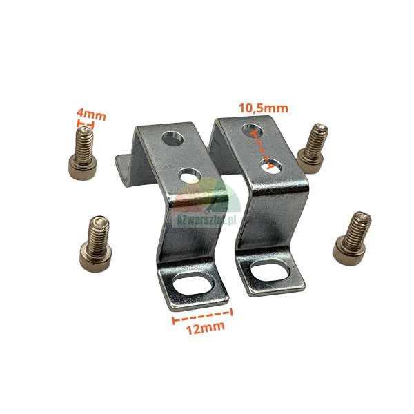 Dwa metalowe uchwyty montażowe typu Z z oznaczonymi wymiarami rozstawu otworów 10,5 mm, szerokości 12 mm oraz czterema śrubami 4 mm na białym tle.