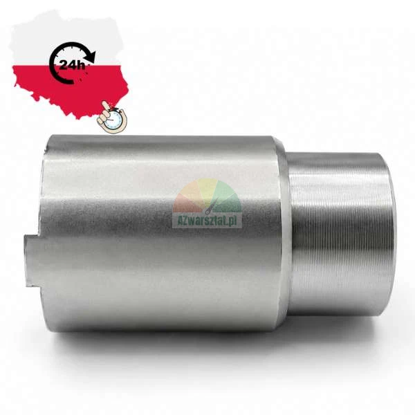 Srebrna metalowa tuleja, adapter cylindryczny o dwóch średnicach, przedstawiony na białym tle z grafiką szybkiej wysyłki 24h z Polski.