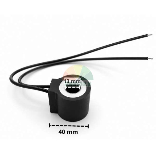 Czarna cewka elektromagnetyczna DC 24V z przewodami o wymiarach 13 mm i 40 mm.