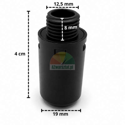 Czarny plastikowy tłumik hałasu z gwintem 12,5 mm i naniesionymi wymiarami