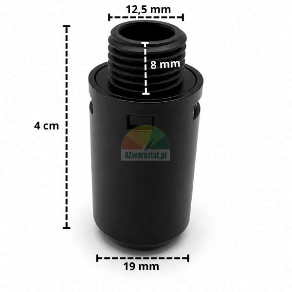Czarny plastikowy tłumik hałasu z gwintem 12,5 mm i naniesionymi wymiarami