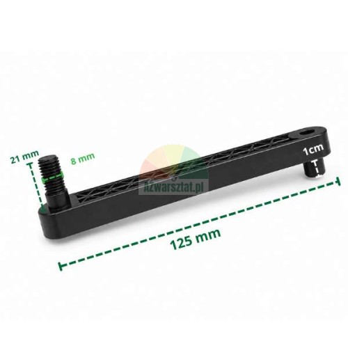 Czarny łącznik mechanizmu pedału o długości 125 mm z wymiarami.