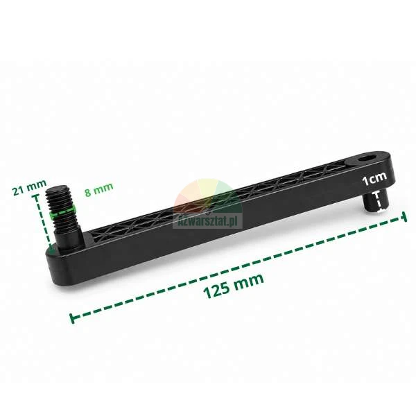 Czarny łącznik mechanizmu pedału o długości 125 mm z wymiarami.