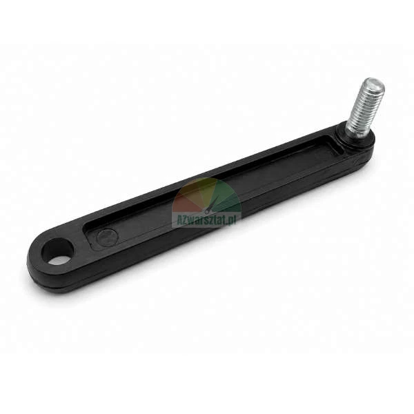 Czarny plastikowy łącznik mechanizmu pedału z metalowym gwintowanym trzpieniem na białym tle
