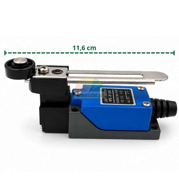 Niebieski wyłącznik krańcowy ME-8108 z regulowaną dźwignią z rolką oraz zieloną linią wymiarową wskazującą długość 11,6 cm.