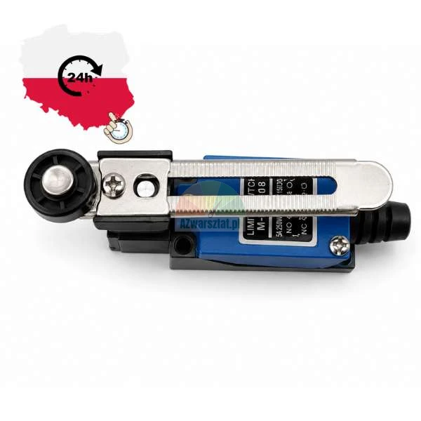 Wyłącznik krańcowy z regulowaną dźwignią i rolką, niebieski korpus i metalowe ramię