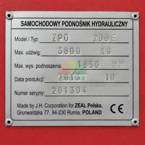 Tabliczka znamionowa podnośnika samochodowego ZEAL ZPO 208E