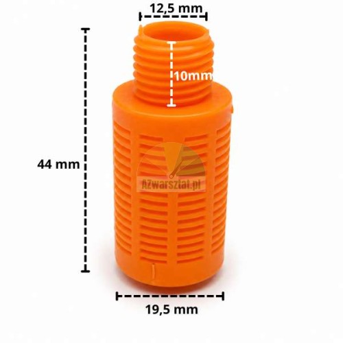 Pomarańczowy tłumik plastikowy o gwincie 12,7 mm z podanymi wymiarami