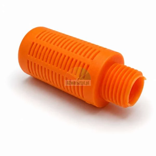 Pomarańczowy plastikowy kosz ssący z gwintem zewnętrznym na białym tle.