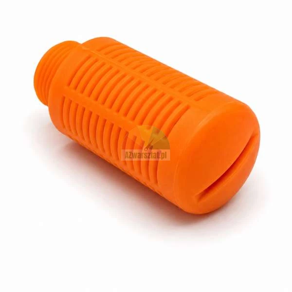 Pomarańczowy plastikowy filtr cylindryczny z przyłączem gwintowanym na białym tle