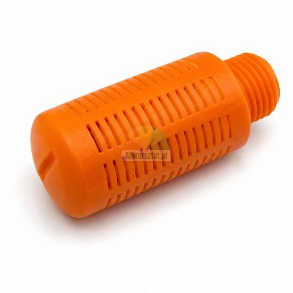 Pomarańczowy plastikowy filtr ssący do pompy z gwintem zewnętrznym.