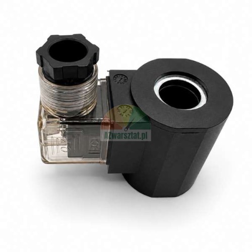 Czarna cewka elektromagnetyczna 16mm / 24V AC z przezroczystą wtyczką przyłączeniową