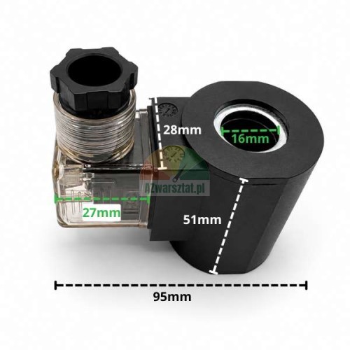 Czarna cewka elektromagnetyczna 16mm 24V AC z wymiarami na rysunku