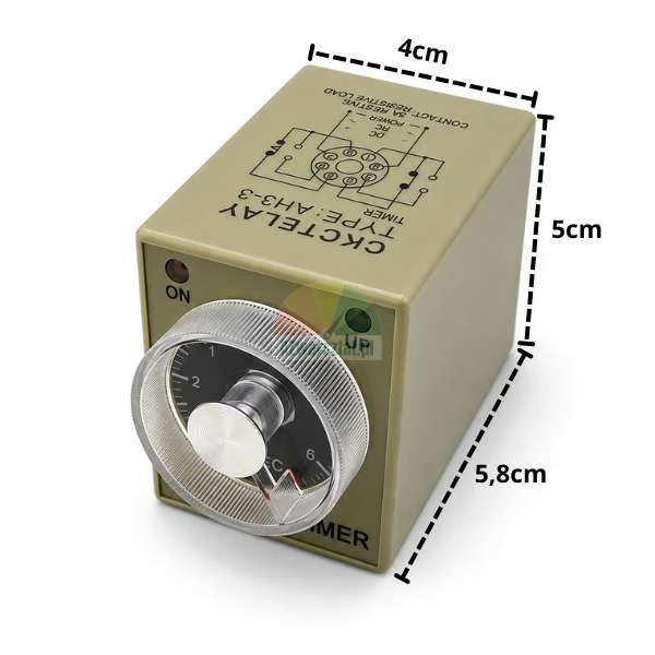 Przekaźnik czasowy AH3-3 220VAC 6s z wymiarami 4cm, 5cm, 5.8cm