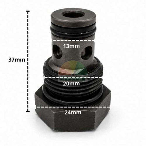 Zawór zwrotny z gwintem 20mm i wymiarami: wysokość 37mm, szerokość gwintu 20mm, góra 13mm, dół 24mm.