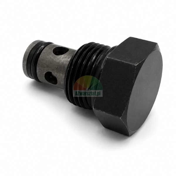 Czarna metalowa śruba zatykowa z gwintem, otworami bocznymi i gumową uszczelką typu o-ring, przeznaczona do układów hydraulicznych, na jasnym tle.