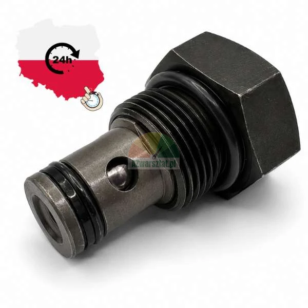 Stalowy hydrauliczny zawór wkręcany z sześciokątnym łbem, gwintem i czarnymi uszczelnieniami o-ring na białym tle.