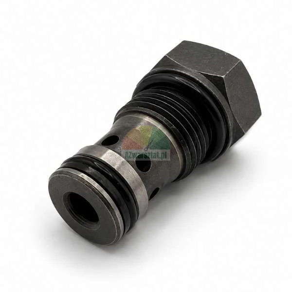 Hydrauliczny zawór nabojowy z gwintowanym korpusem, łbem sześciokątnym i gumowymi uszczelkami typu o-ring na białym tle.