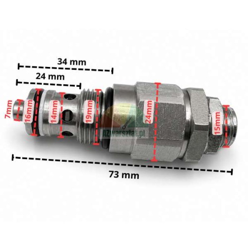 Hydrauliczny zawór nadmiarowy ciśnienia 16mm z gwintem 19mm i szczegółowym zwymiarowaniem