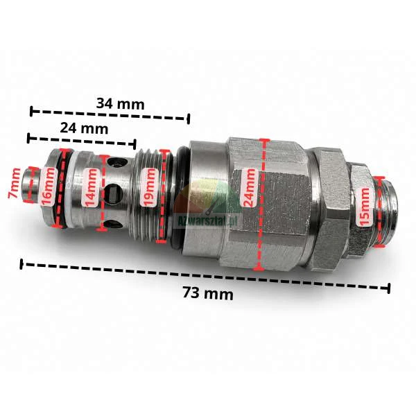 Hydrauliczny zawór nadmiarowy ciśnienia 16mm z gwintem 19mm i szczegółowym zwymiarowaniem