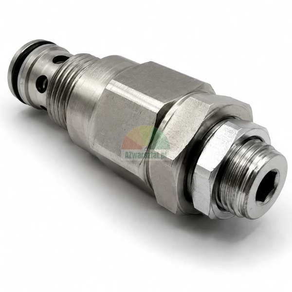 Metalowy hydrauliczny zawór nabojowy z gwintami i uszczelkami o-ring na białym tle.