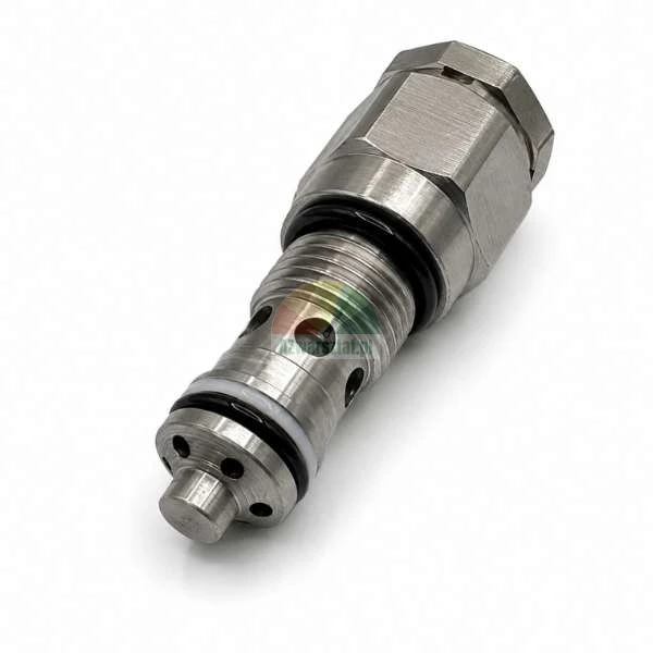Metalowy zawór nabojowy hydrauliczny z gwintem, uszczelkami typu o-ring i sześciokątną główką na białym tle.
