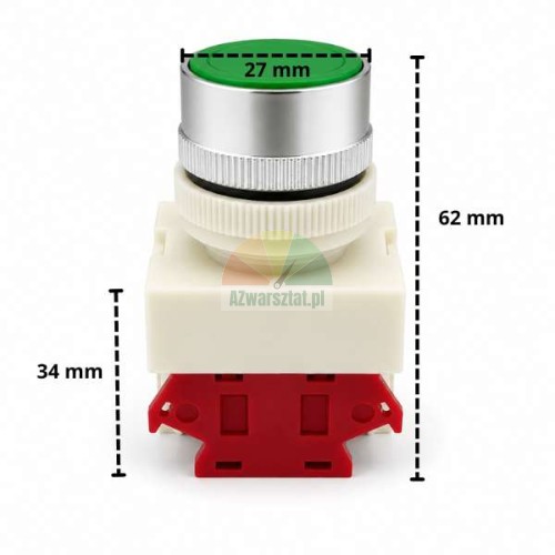 Zielony przycisk podnośnika z zaznaczonymi wymiarami 27 mm, 34 mm i 62 mm