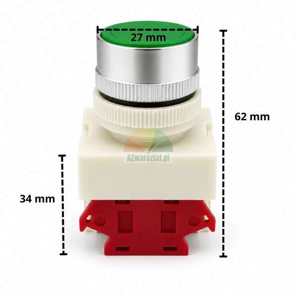 Zielony przycisk podnośnika z zaznaczonymi wymiarami 27 mm, 34 mm i 62 mm