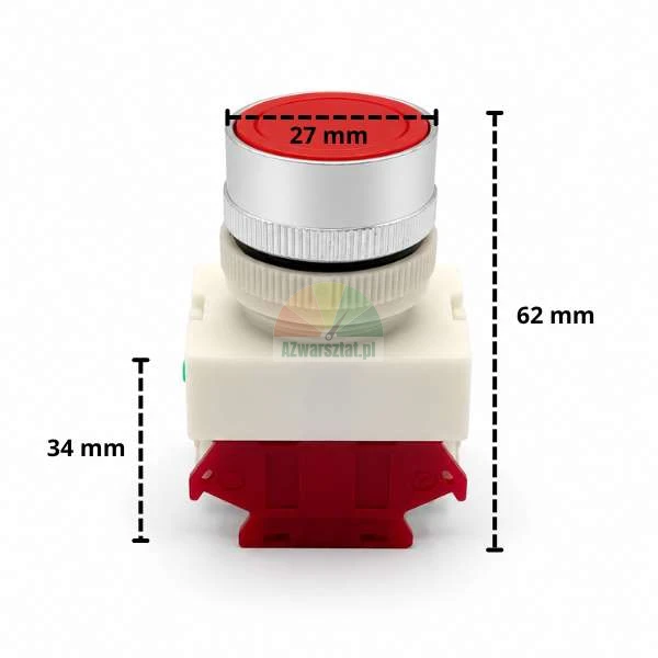 Czerwony przycisk podnośnika z wymiarami 27 mm, 62 mm i 34 mm