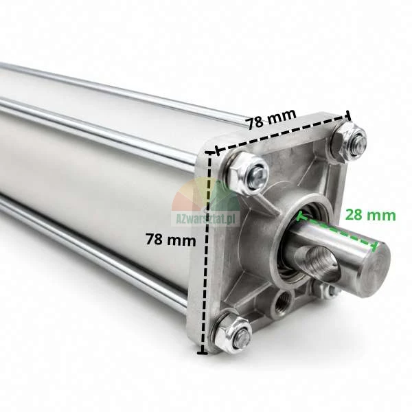 Metalowy siłownik pneumatyczny lub elektryczny z zaznaczonymi wymiarami kołnierza montażowego 78 mm na 78 mm oraz wysuwem tłoczyska o długości 28 mm.