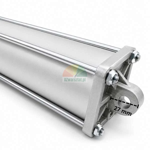 Zbliżenie na aluminiowy siłownik pneumatyczny z zaznaczonym wymiarem 27 mm mocowania tylnego.