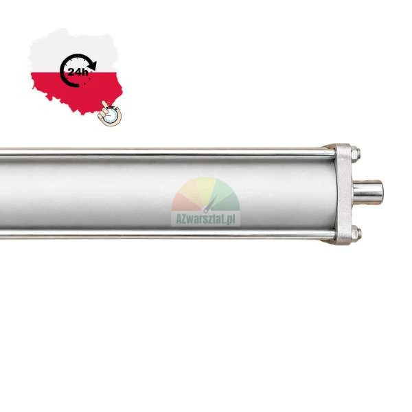 Metalowy siłownik pneumatyczny w kolorze srebrnym z grafiką mapy Polski i ikoną wysyłki 24h