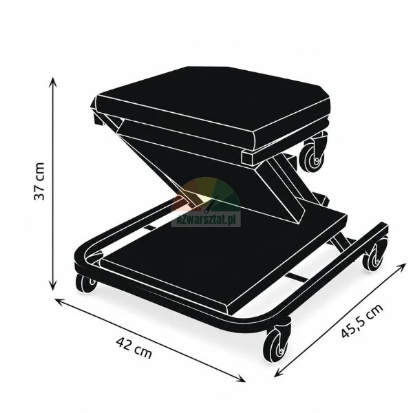 Rysunek techniczny czarnego stołka warsztatowego na kółkach z podanymi wymiarami: wysokość 37 cm, szerokość 42 cm, długość 45,5 cm.