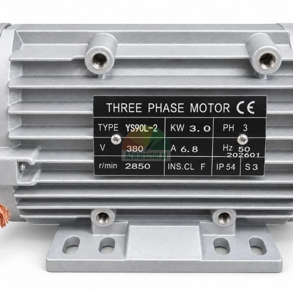 Tabliczka znamionowa trójfazowego silnika elektrycznego YS90L-2 o mocy 3.0 kW na żeberkowanej aluminiowej obudowie
