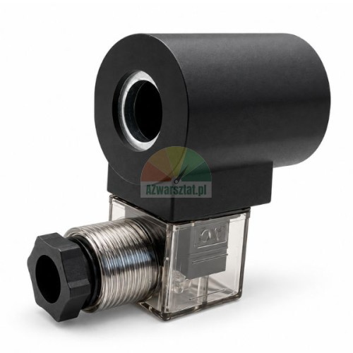 Czarna cewka elektromagnetyczna 16mm 220V AC z przezroczystym wtykiem DIN i metalowym dławikiem kablowym na białym tle