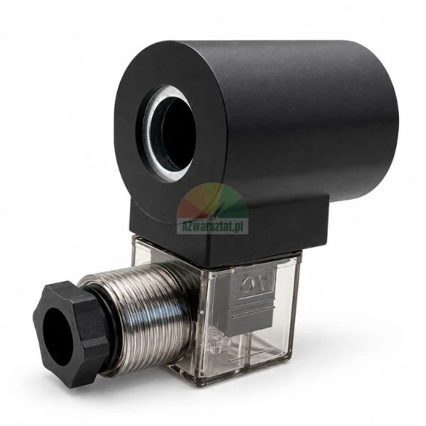 Czarna cewka elektromagnetyczna 16mm 220V AC z przezroczystym wtykiem DIN i metalowym dławikiem kablowym na białym tle