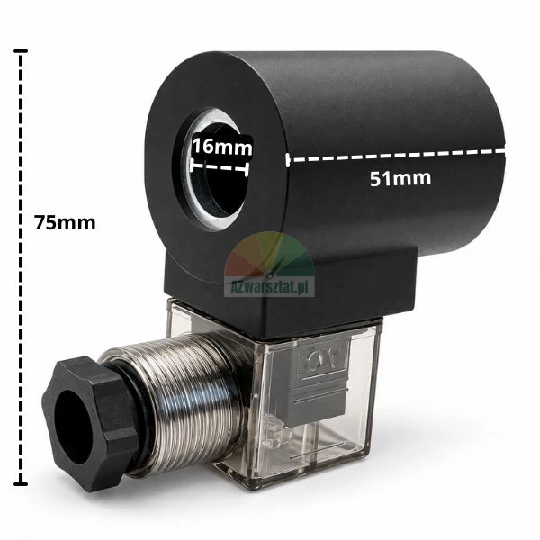 Czarna cewka elektromagnetyczna 16mm 220V AC z wtykiem i wymiarami