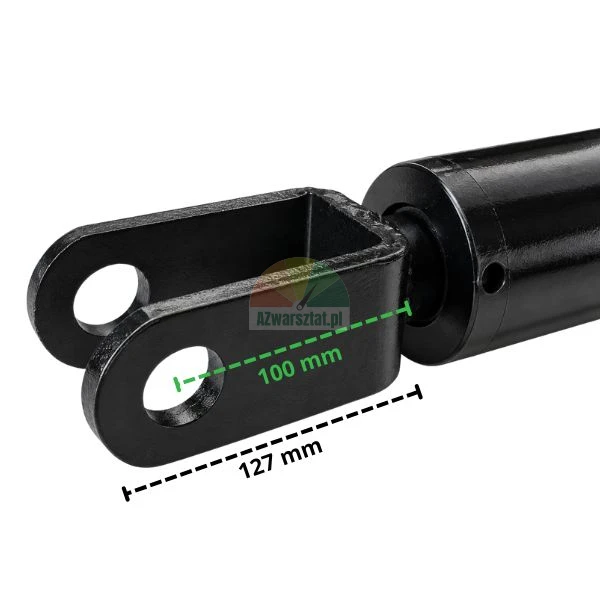 Czarne mocowanie widelkowe cylindra hydraulicznego ze wskazanymi wymiarami 100 mm i 127 mm.