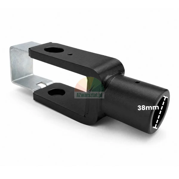 Czarny metalowy adapter zaczepu widełkowego z gniazdem o średnicy 38 mm i srebrną zawleczką zabezpieczającą